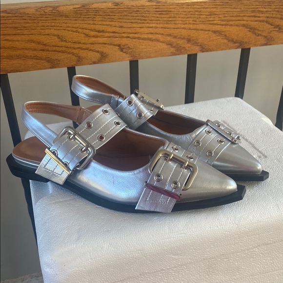 Silver Buckle Flats edgy metal hardware pointed toe sling back 11.5 42EU new - Picture 2 of 4